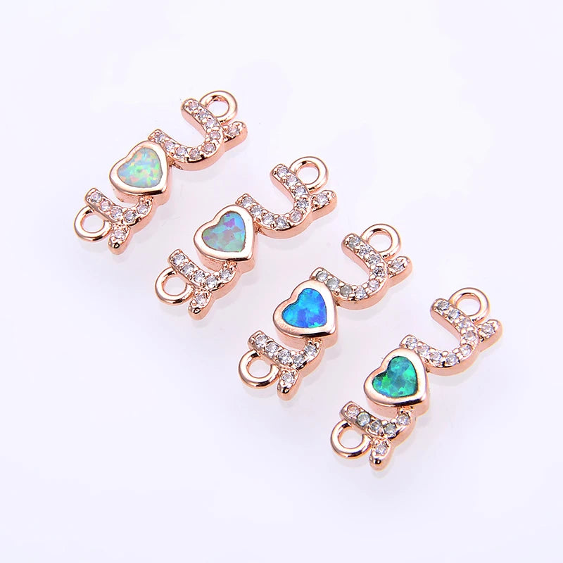 KAMAF 4 PCS Opal 17*6mm LOVE Copper Inlay Zircon DIY Jewelry Accessories