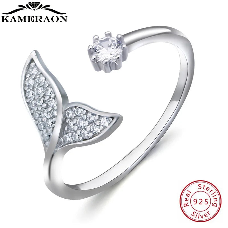 925 Silver Mermaid Ring CZ Shell Pearl Adjustable