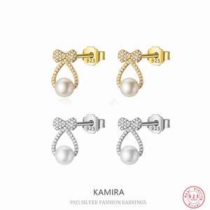 925 Silver Crystal Stone Bow Stud Earrings for Women Girl Party Jewelry