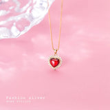925 Silver Red Zircon Love Heart Pendant Necklace for Women