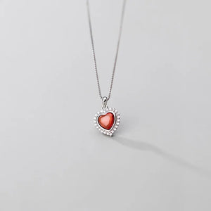 925 Silver Red Zircon Love Heart Pendant Necklace for Women