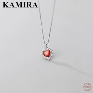 925 Silver Red Zircon Love Heart Pendant Necklace for Women