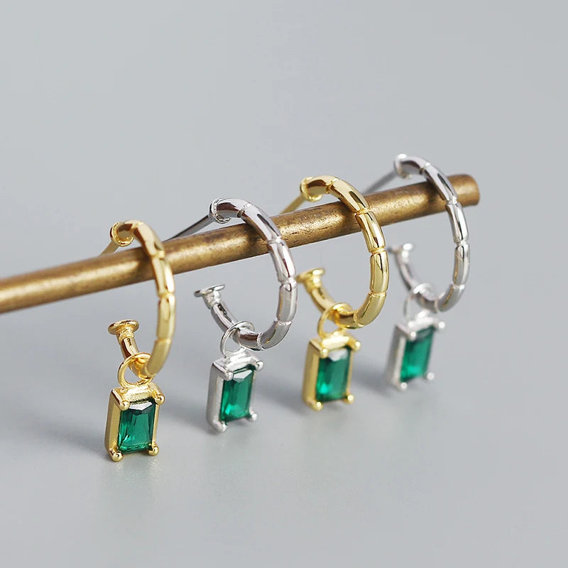 925 Silver Vintage Green Clear Zircon Dangle Earrings