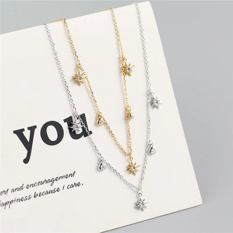925 Silver Bohemian Zircon Star Necklace Women Vintage Choker Jewelry