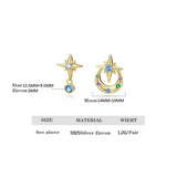 925 Silver Zircon Star Moon Stud Earrings for Women Party Jewelry