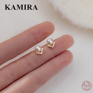 925 Silver Zircon V Pearl Stud Earrings, Women's Party Jewelry