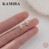925 Silver Zircon V Pearl Stud Earrings, Women's Party Jewelry