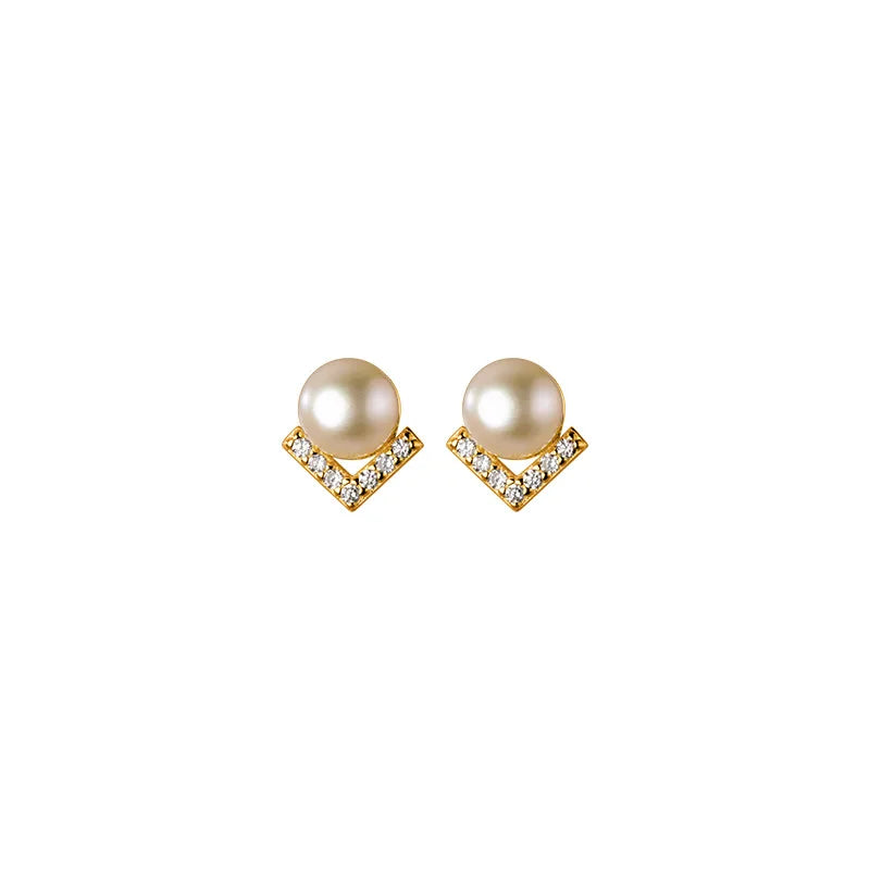 925 Silver Zircon V Pearl Stud Earrings, Women's Party Jewelry