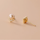 925 Silver Zircon V Pearl Stud Earrings, Women's Party Jewelry