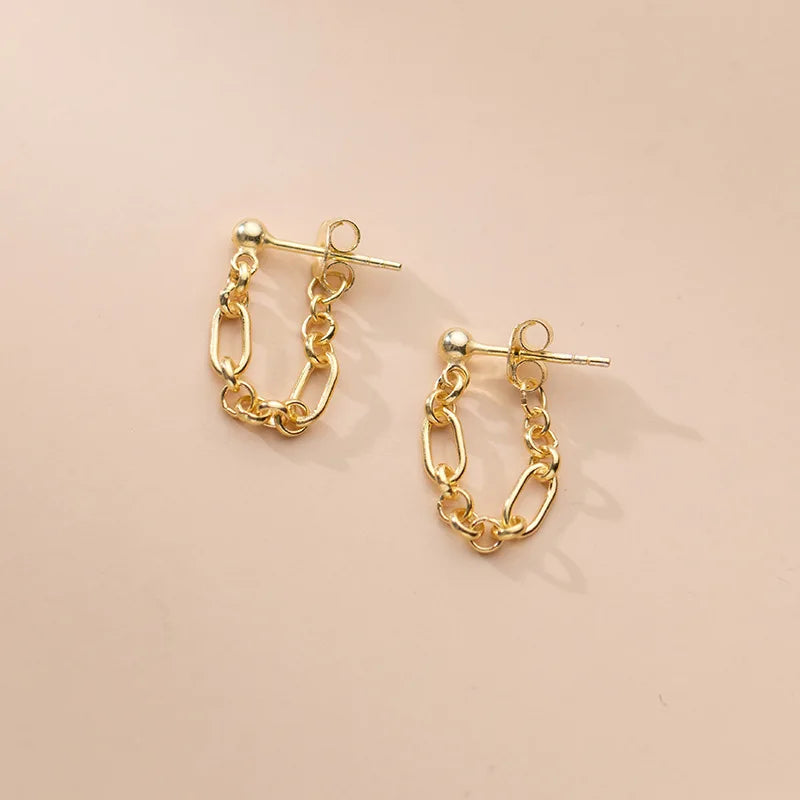 925 Silver Punk Link Chain Hollow Stud Earrings for Women