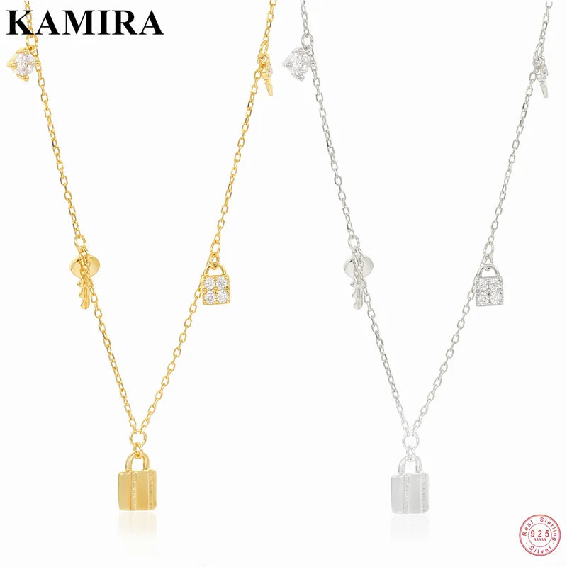 925 Sterling Silver Vintage Lock Key Zircon Pendant Necklace for Women