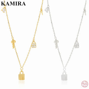 925 Sterling Silver Vintage Lock Key Zircon Pendant Necklace for Women