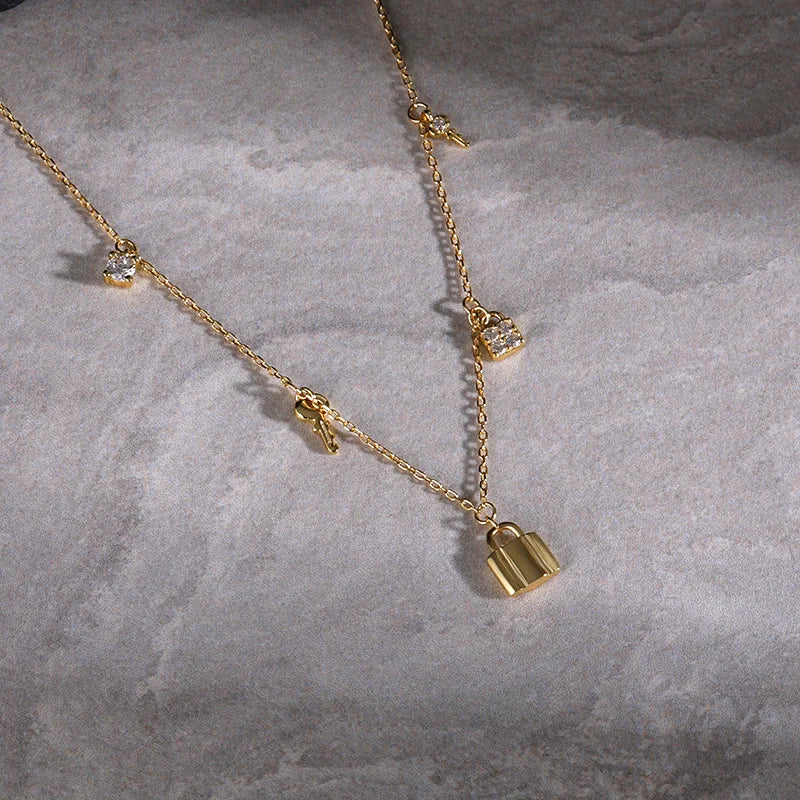 925 Sterling Silver Vintage Lock Key Zircon Pendant Necklace for Women