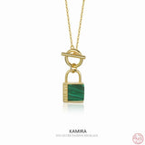 925 Silver Gothic Green Malachite Lock Pendant Necklace for Women