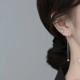925 Silver Korea Love Heart Bead Long Ear Line Stud Earrings