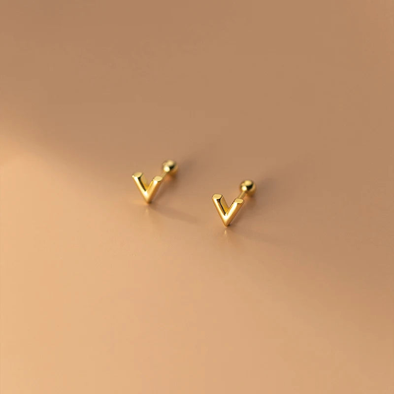 925 Silver V Letter Earrings Women Gold-Color Studs