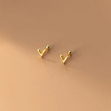 925 Silver V Letter Earrings Women Gold-Color Studs
