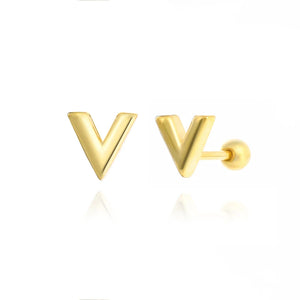 925 Silver V Letter Earrings Women Gold-Color Studs