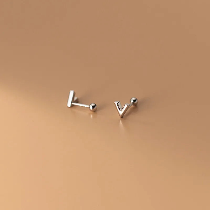 925 Silver V Letter Earrings Women Gold-Color Studs