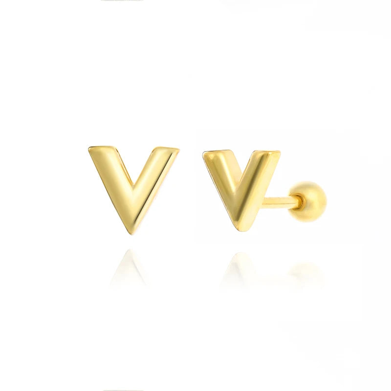 925 Silver V Letter Earrings Women Gold-Color Studs