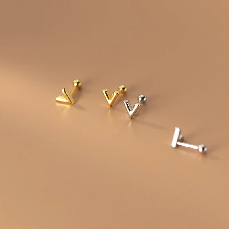 925 Silver V Letter Earrings Women Gold-Color Studs