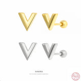 925 Silver V Letter Earrings Women Gold-Color Studs