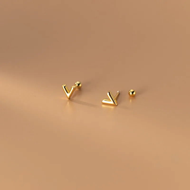 925 Silver V Letter Earrings Women Gold-Color Studs