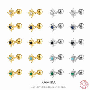925 Silver Mini Green Star Zircon Earrings Vintage Spiral Bead Delicate Jewelry