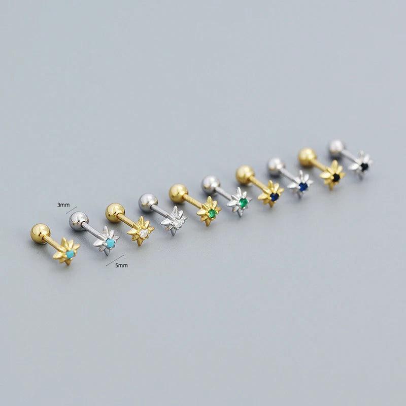 925 Silver Mini Green Star Zircon Earrings Vintage Spiral Bead Delicate Jewelry