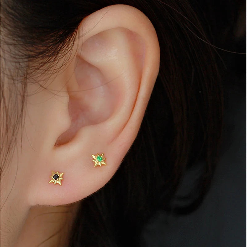 925 Silver Mini Green Star Zircon Earrings Vintage Spiral Bead Delicate Jewelry