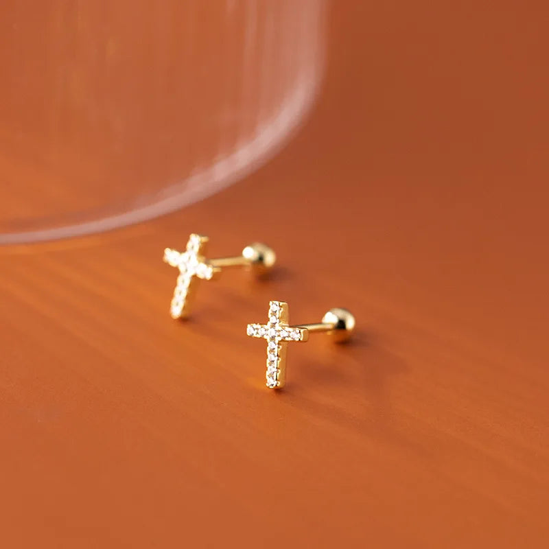 925 Silver Cross Zircon Stud Earrings Bohemian Jewelry