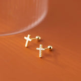 925 Silver Cross Zircon Stud Earrings Bohemian Jewelry