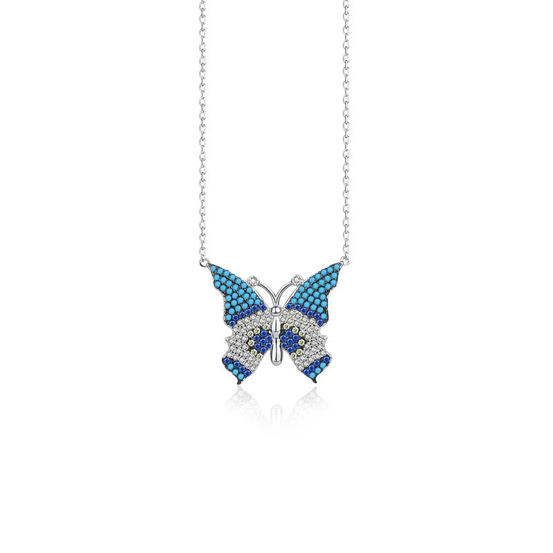 925 Silver Turquoise Butterfly Pendant Clavicle Necklace for Women