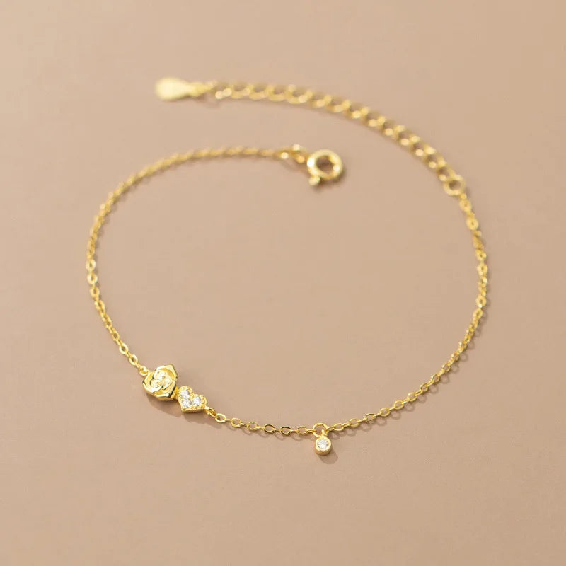 925 Silver Rose Flower Heart Bracelet for Women Party Fine Jewelry Gift