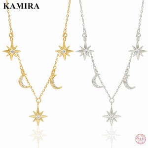 925 Silver Zircon Star Moon Necklace for Women