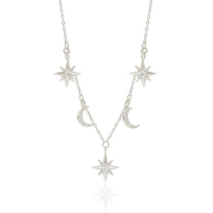 925 Silver Zircon Star Moon Necklace for Women