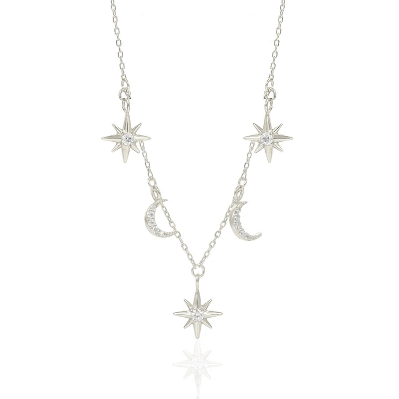 925 Silver Zircon Star Moon Necklace for Women