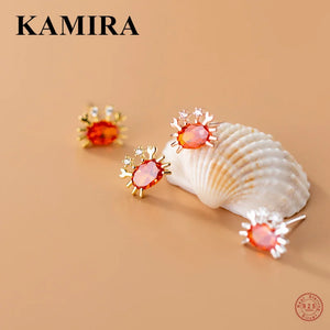 925 Silver Red Zircon Crab Stud Earrings for Women