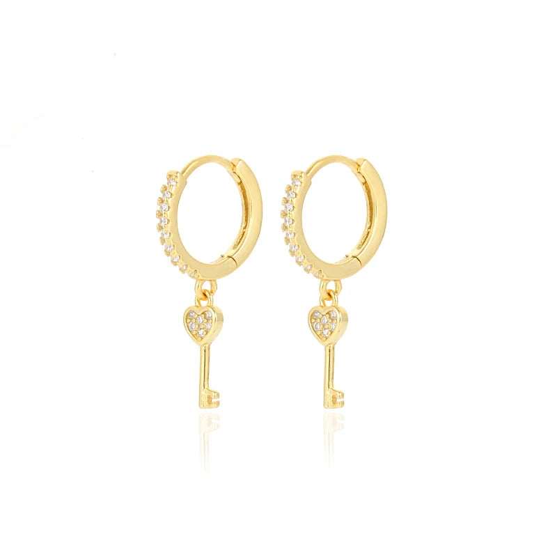 925 Sterling Silver Vintage Love Heart Key Tassel Stud Earrings for Women