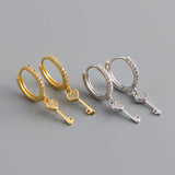 925 Sterling Silver Vintage Love Heart Key Tassel Stud Earrings for Women