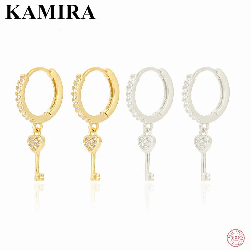 925 Sterling Silver Vintage Love Heart Key Tassel Stud Earrings for Women