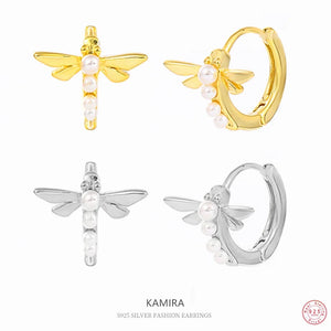 925 Silver Dragonfly Pearl Hoop Earrings Wedding Jewelry