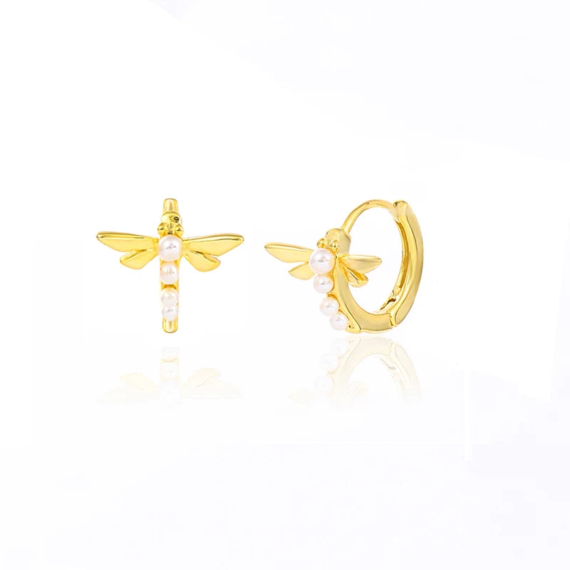 925 Silver Dragonfly Pearl Hoop Earrings Wedding Jewelry