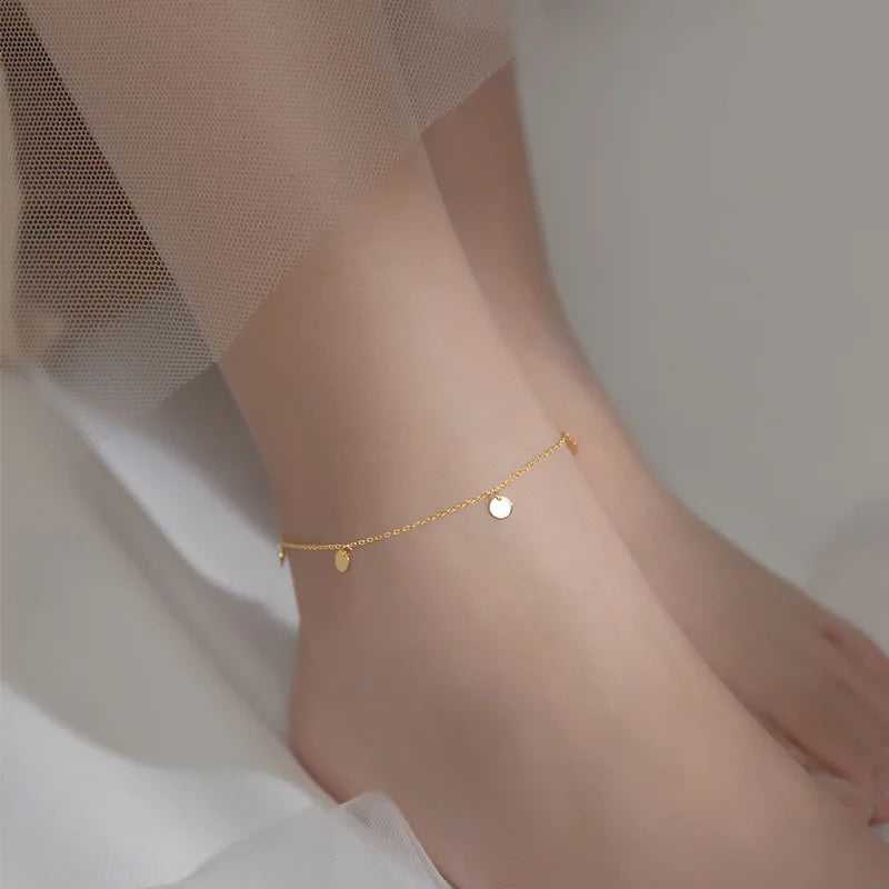 925 Silver Vintage Crystal Disc Chain Anklet for Women Teen Party Foot Jewelry