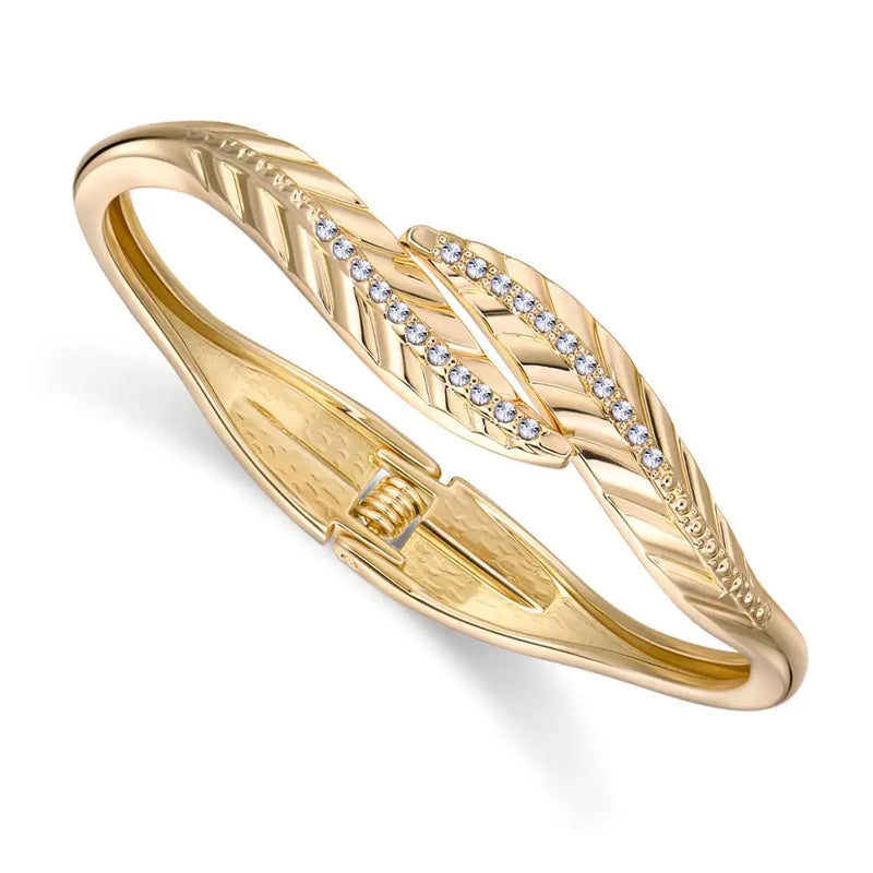 KAYMEN Double Leaves Cuff Bracelet Bangle CZ Diamands Wedding Party