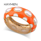 KAYMEN Colorful Enamel Pearl Bangle Cuff Bracelet for Women