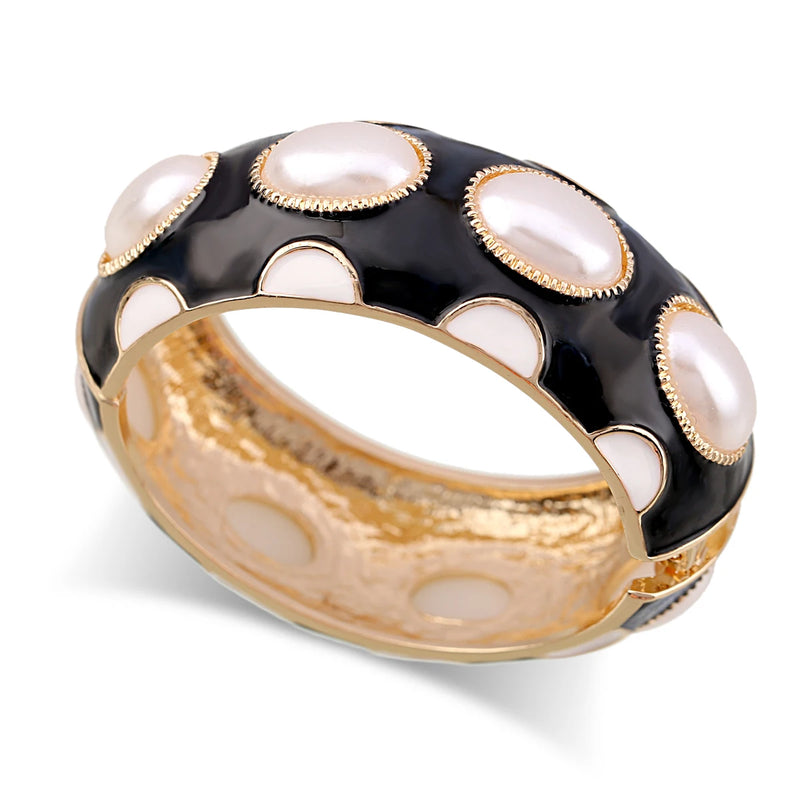 KAYMEN Colorful Enamel Pearl Bangle Cuff Bracelet for Women