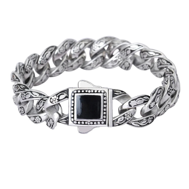 316L Stainless Steel Men's Vintage Rose Flower Link Chain Bracelet 8.66''