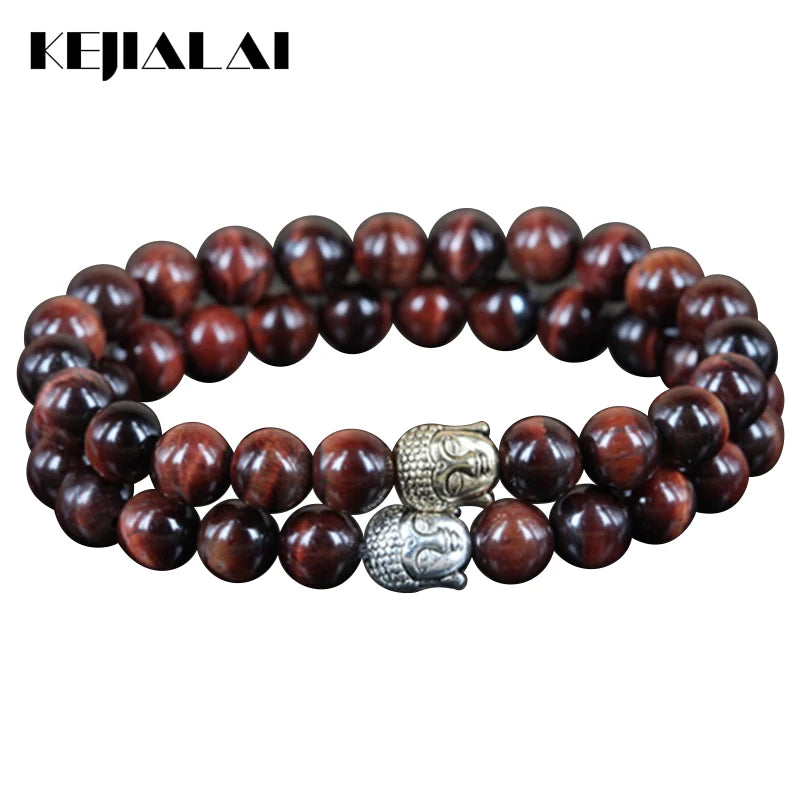 Red Tiger Eye Stone Beaded Charm Bracelet with Buddha Head