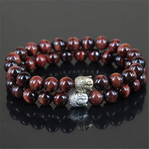 Red Tiger Eye Stone Beaded Charm Bracelet with Buddha Head